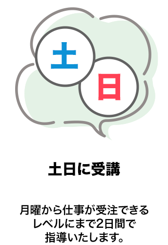 土日に受講　月曜から仕事ができるレベルにまで2日間で指導いたします。