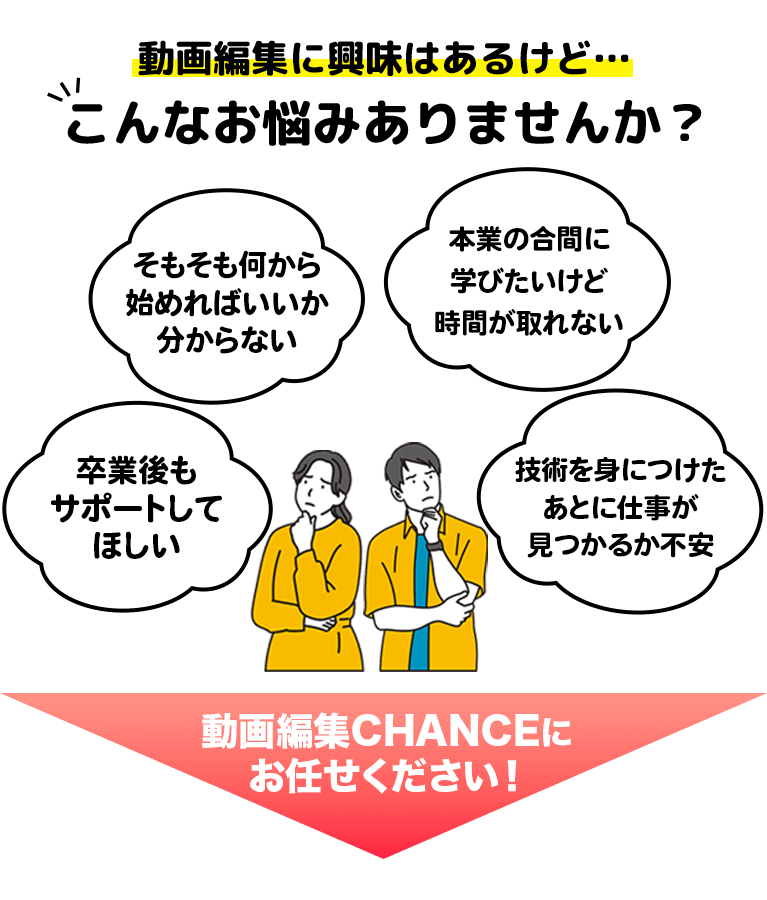 こんなお悩みおありませんか？
								   そもそも何から始めればいいかわからない
								   本業の合間に学びたいけど時間が取れない
								   卒業後もサポートしてほしい
								   技術を身につけたあとに仕事が見つかるか不安